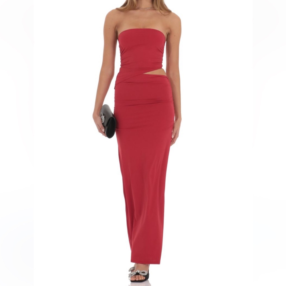 Lucy in the Sky Strapless Cutout Maxi Dress in Red
